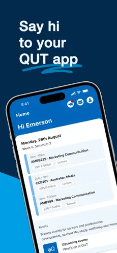 Say hi to your QUT App. Screenshot showing QUT App home screen. Click for full image