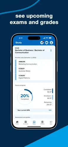 See upcoming exams and grades. Screenshot showing QUT App study screen. Click for full image