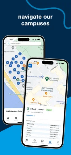 Navigate our campuses. Screenshot showing QUT App map screens. Click for full image