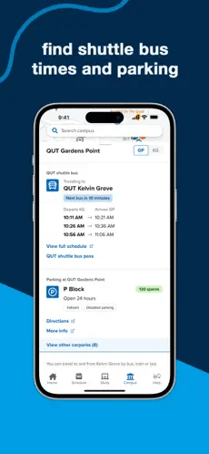 Find shuttle bus times and parking. Screenshot showing QUT App bus and parking screen. Click for full image
