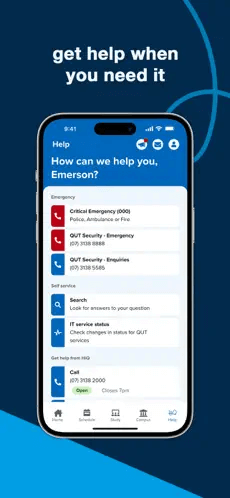 Get help when you need it. Screenshot showing QUT App help screen. Click for full image