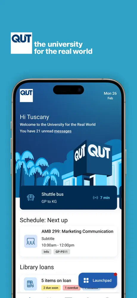 Say hi to your QUT App. Screenshot showing QUT App home screen. Click for full image